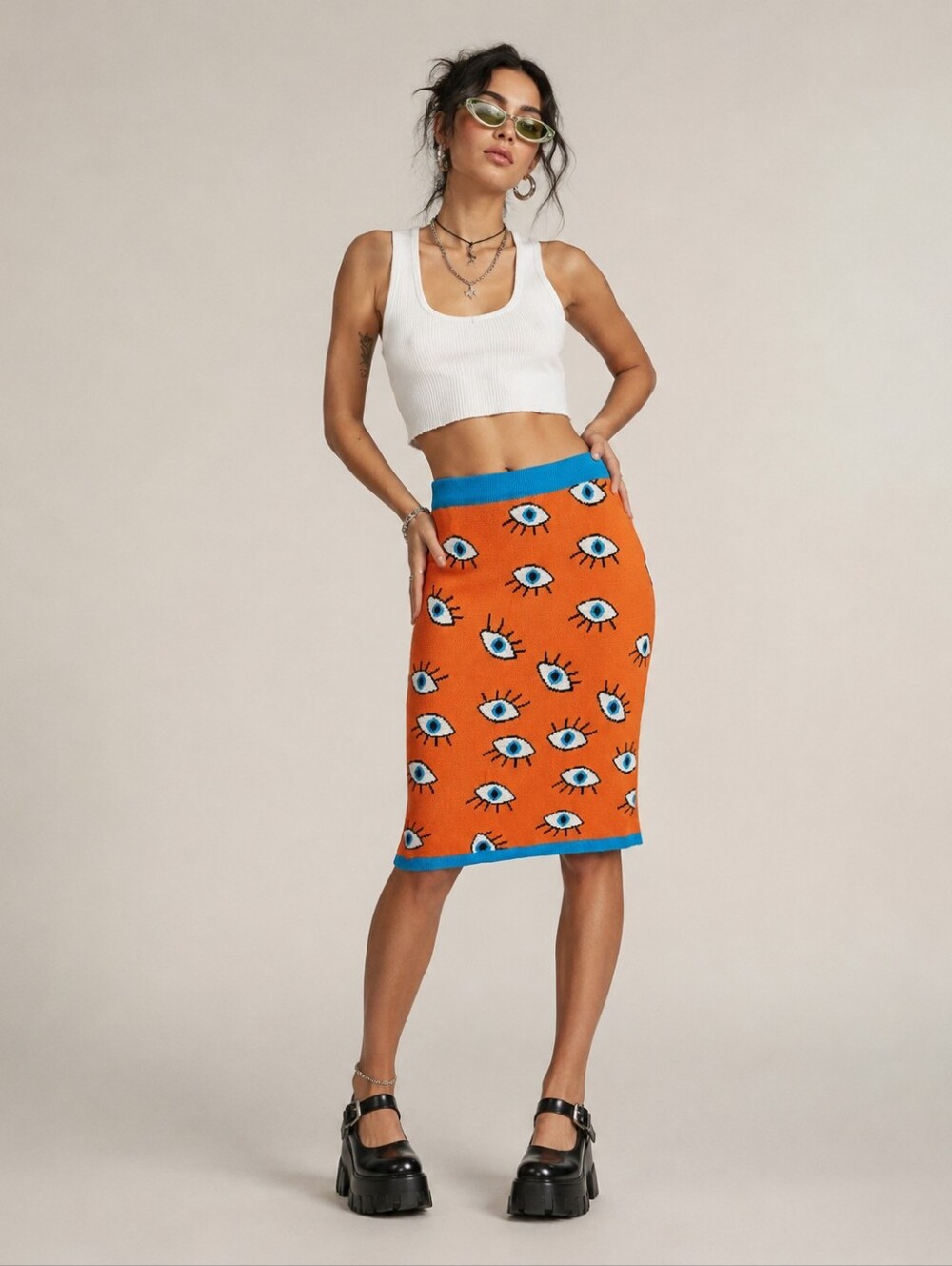 Oxknit Evil Eye Knit Skirt Size XL Orange Blue Funky Artsy